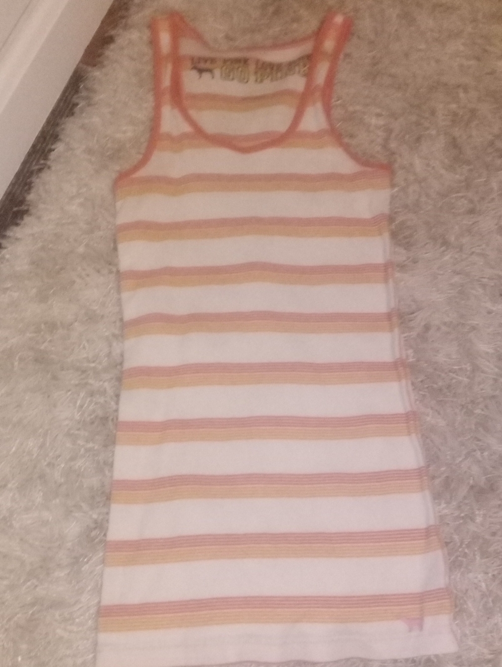 PINK Victoria's Secret White Tank Top with Peach & Yellow Stripes